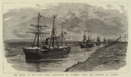 Die Blockade im Suezkanal, Prozession der Dampfer nach der Wiederaufnahme des Verkehrs